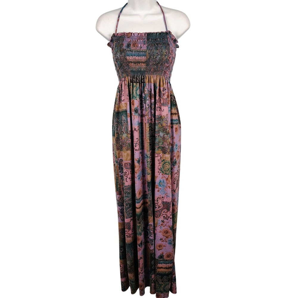 Jordan Taylor Womens SZ S Smocked Halter Maxi Dress Multicolor Patchwork Boho